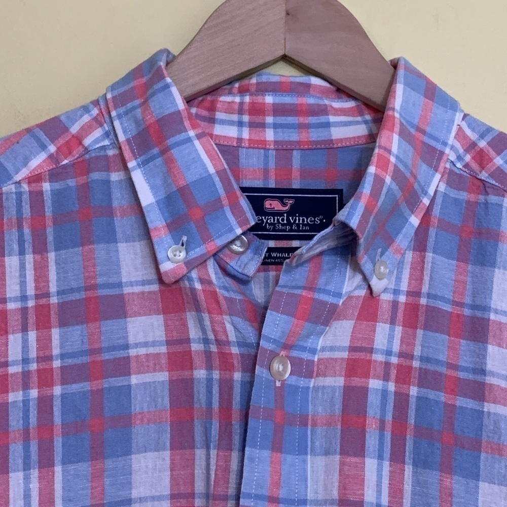 Vineyard Vines Plaid Slim Fit Whale Cotton Linen Blend Button Down Oxford Shirt - Picture 5 of 17